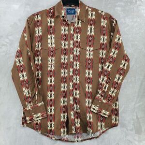 Vintage Wrangler Pearl Snap Brown Aztec Western Size Large Brush Popper